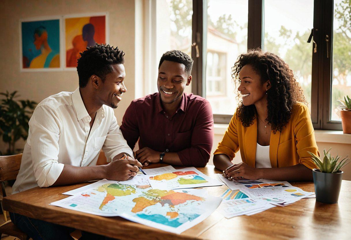 A diverse couple sitting at a table, surrounded by colorful paperwork and charts illustrating insurance benefits. The couple, representing different cultures, appears engaged in a deep conversation. In the background, a world map highlighting various countries symbolizes multicultural relationships. Soft natural light filters through a window, creating a warm ambiance. vector art. vibrant colors. soft focus.