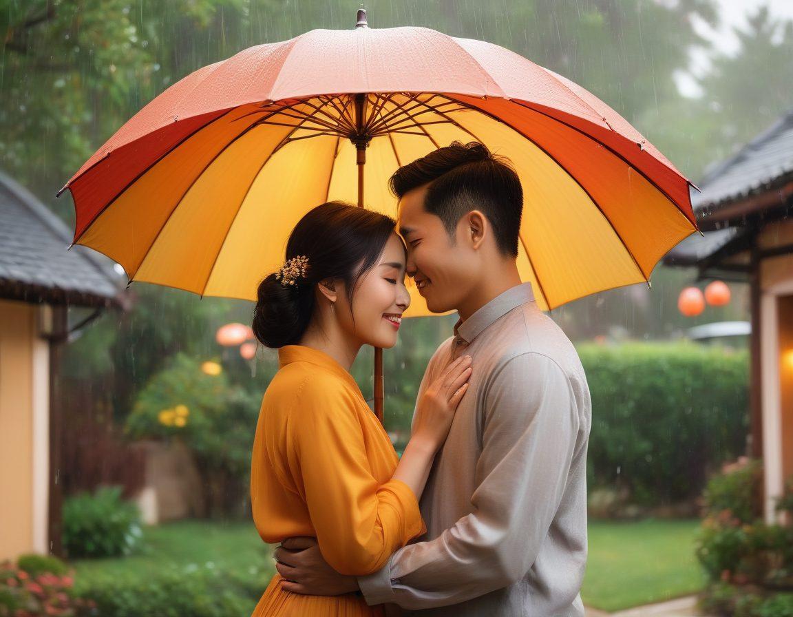 A serene scene depicting an Asian couple embracing under a sheltering umbrella, symbolizing emotional security amidst a downpour. Surround them with subtle images of life events like a wedding ring, a home, and a family portrait, representing the role of insurance in their love journey. Use warm colors and soft lighting to evoke feelings of affection and safety. artistic illustration. vibrant colors. gentle background.