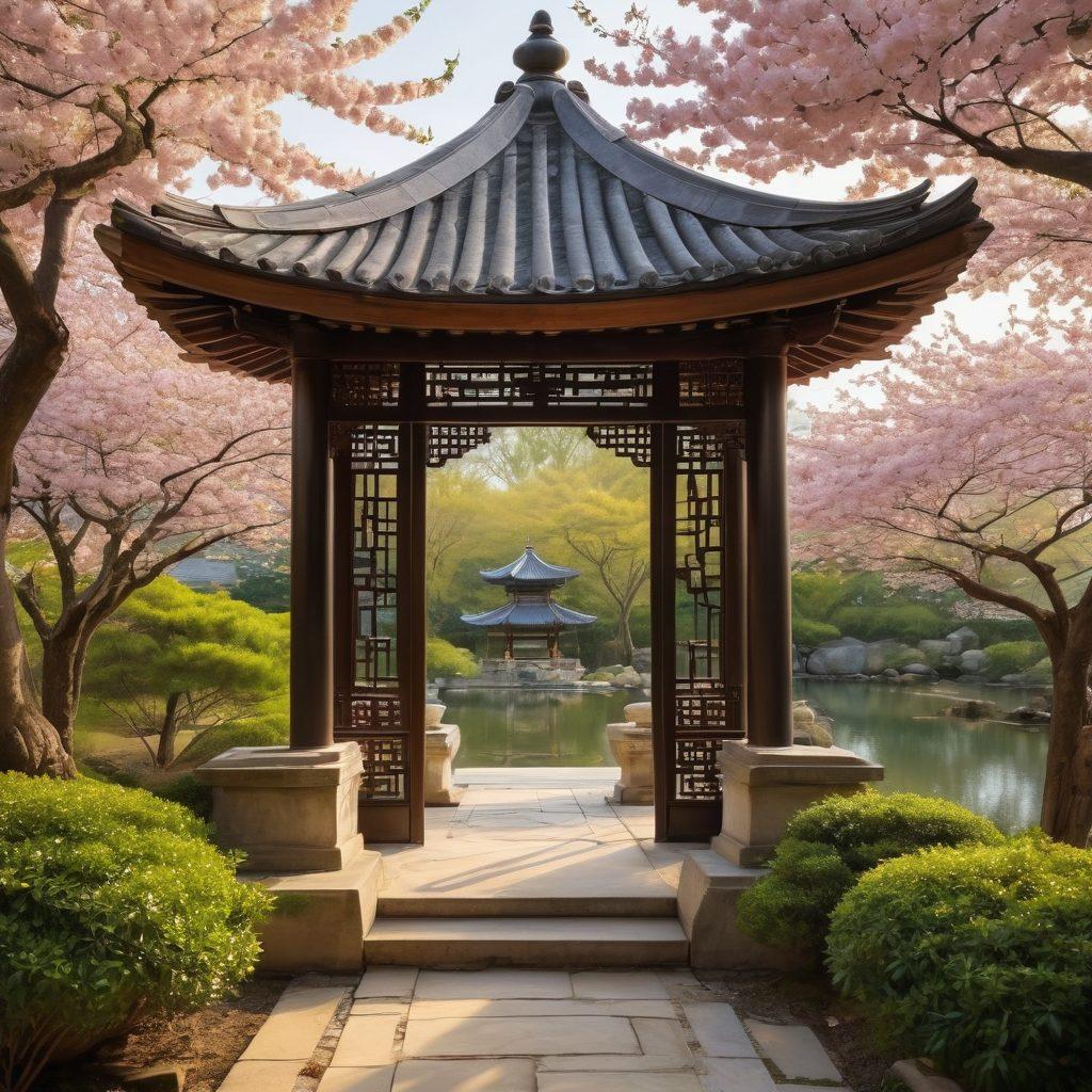 A serene, culturally rich scenery featuring a couple embracing under a traditional Asian gazebo, surrounded by blossoming cherry trees. Subtle symbols of love and protection like a heart shield and jasmine flowers intertwined. The background should include elements reflecting Asian architecture and nature, suggesting harmony and security in relationships. soft colors. painting. traditional Asian art.